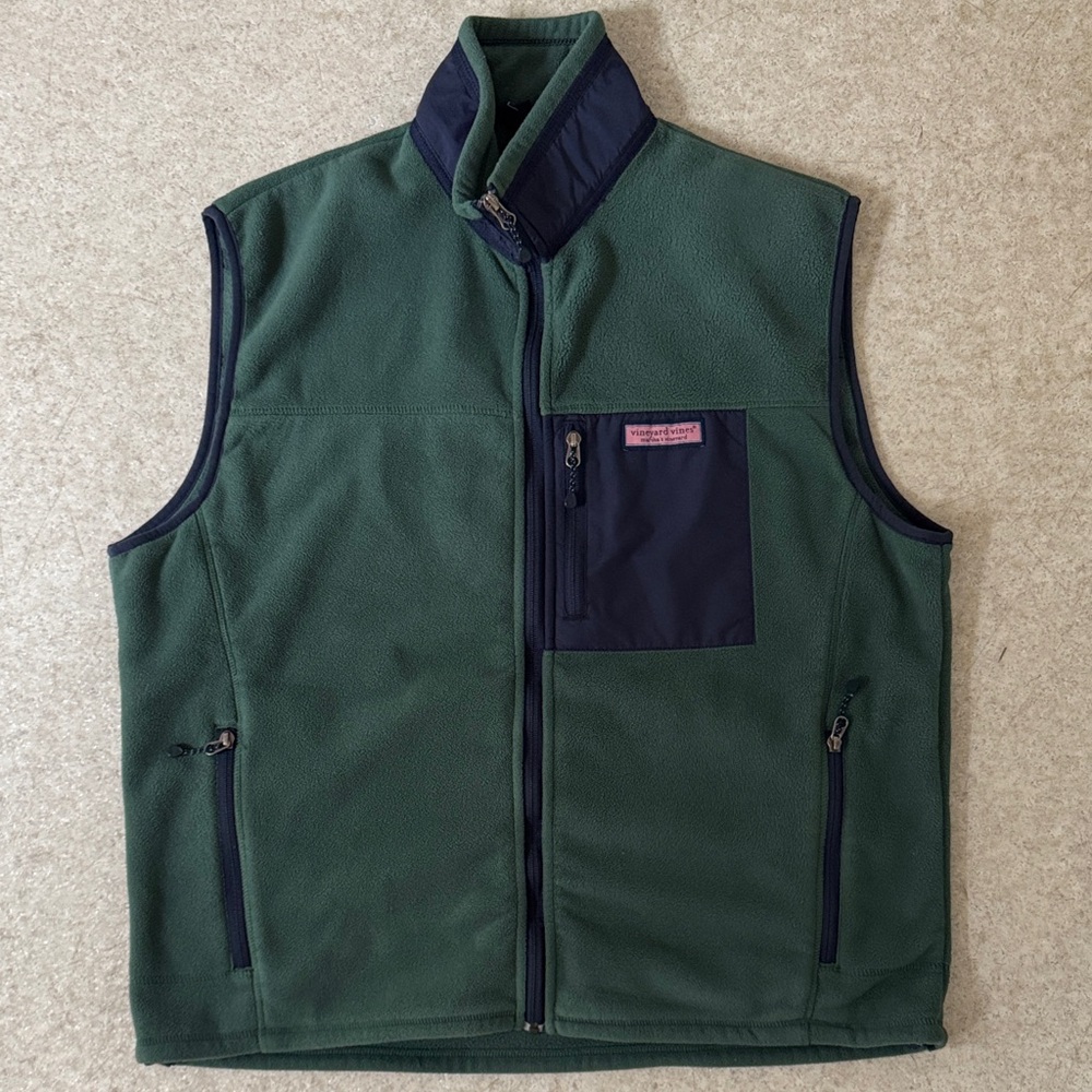 VINEYARD VINES Dark Green and Navy Fleece Vest MEN LARGE